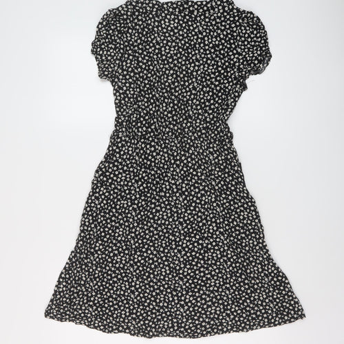 Izabel Womens Black Floral Viscose A-Line Size 8 V-Neck Button