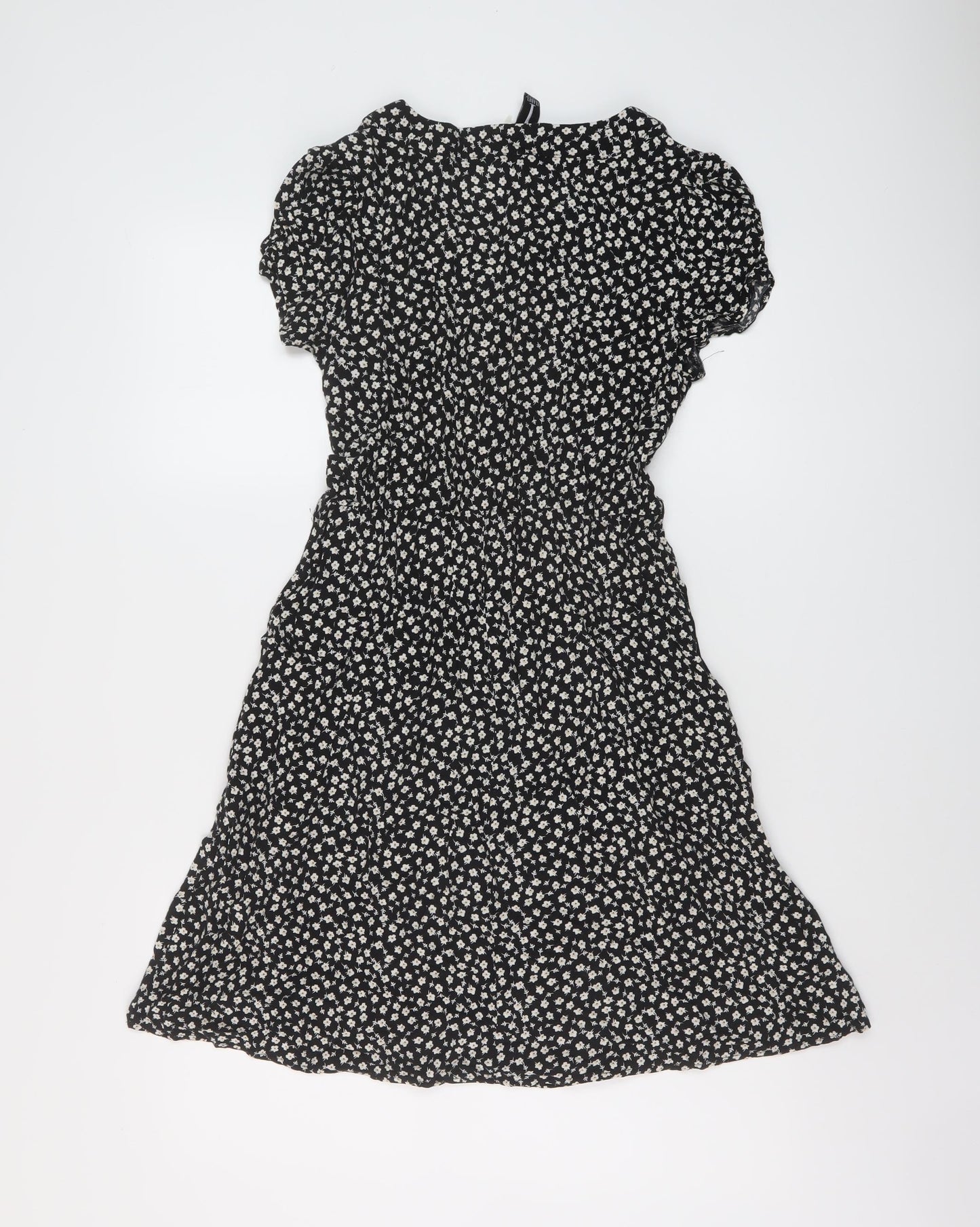 Izabel Womens Black Floral Viscose A-Line Size 8 V-Neck Button
