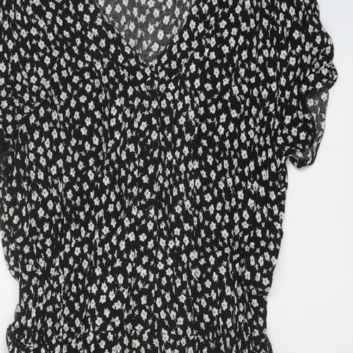 Izabel Womens Black Floral Viscose A-Line Size 8 V-Neck Button