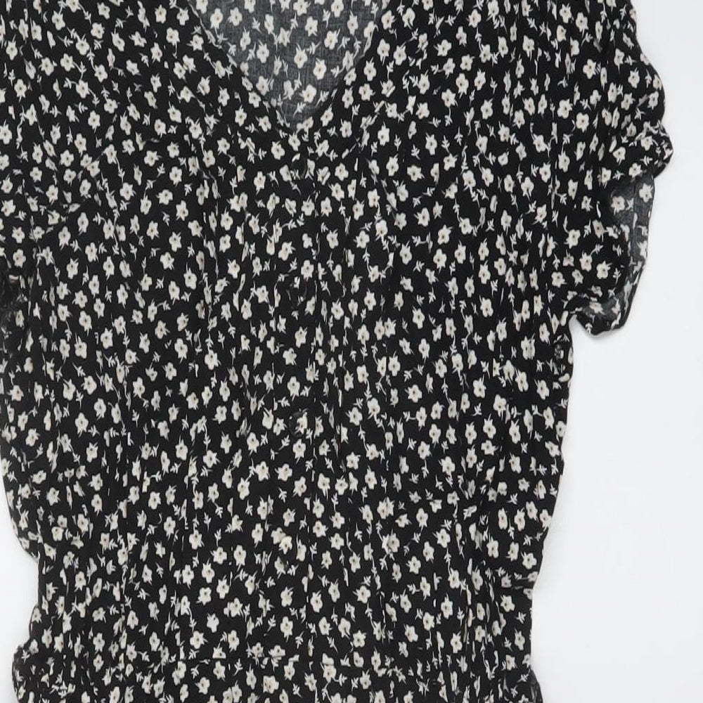 Izabel Womens Black Floral Viscose A-Line Size 8 V-Neck Button