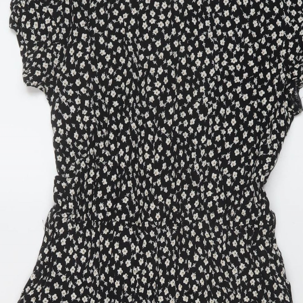 Izabel Womens Black Floral Viscose A-Line Size 8 V-Neck Button
