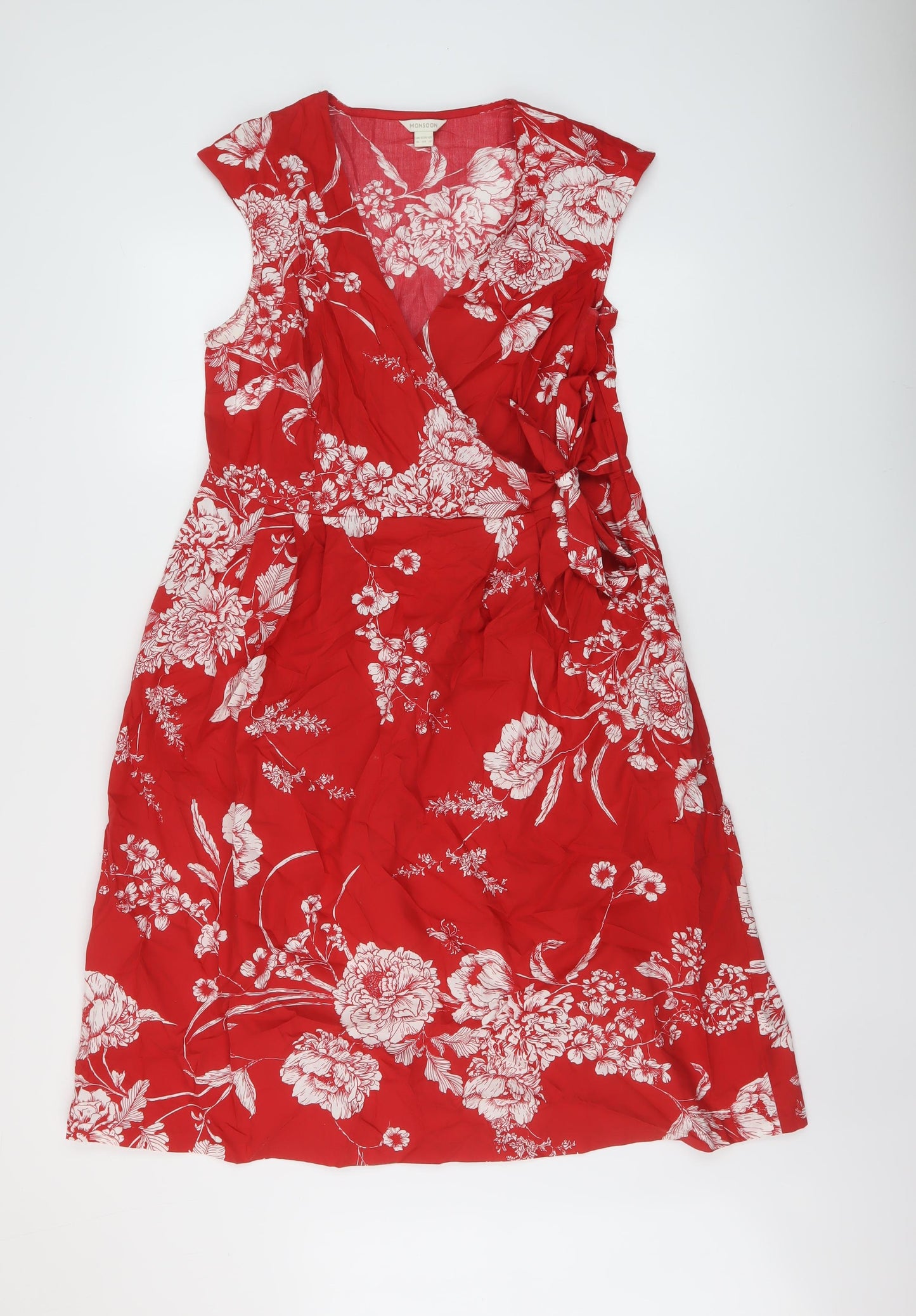 Monsoon Womens Red Floral Cotton A-Line Size 16 V-Neck Pullover