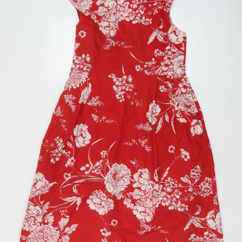 Monsoon Womens Red Floral Cotton A-Line Size 16 V-Neck Pullover