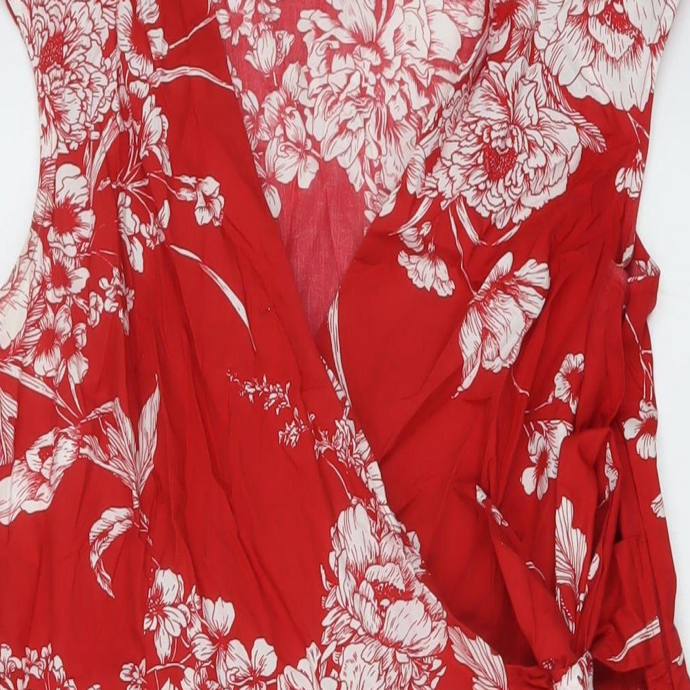 Monsoon Womens Red Floral Cotton A-Line Size 16 V-Neck Pullover