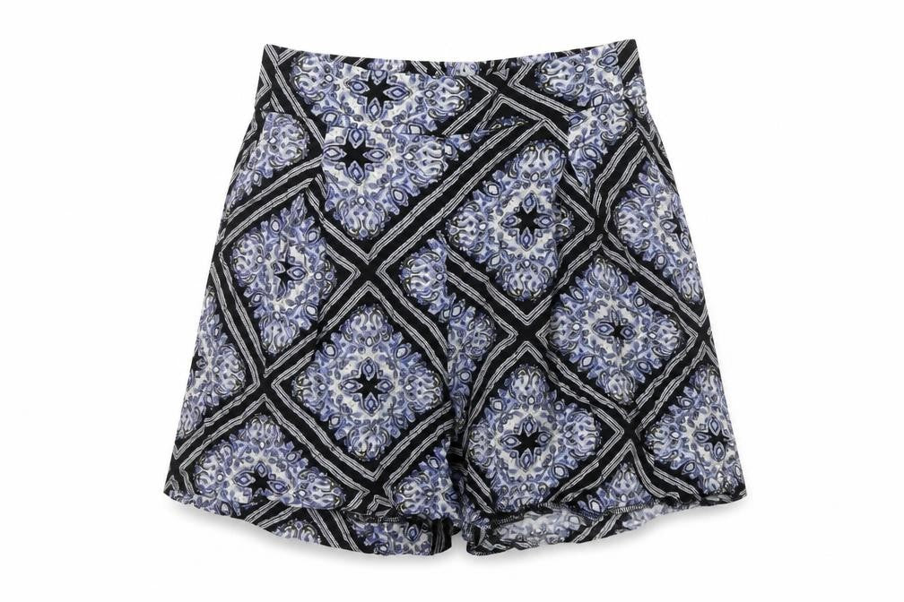 Front view of H&M women’s blue geometric vinyl basic shorts, size UK 8, 4-inch leg regular