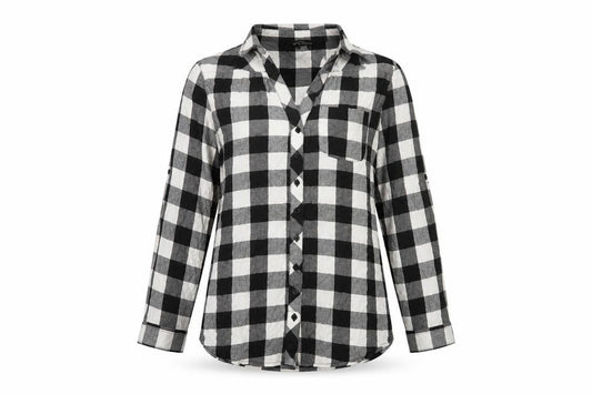 Front view of Dorothy Perkins women’s black check cotton basic button-up, size UK 10, collared