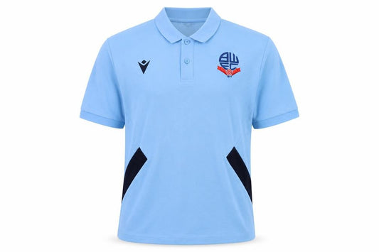 Front view of Macron men’s blue cotton polo, size M, collared button