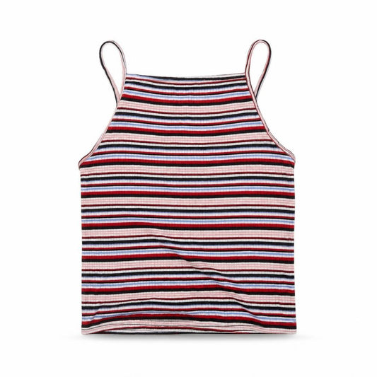 Front view of New Look women’s multicoloured striped polyester cropped tank, size UK 12, square neck