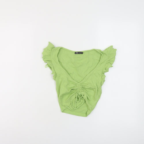 Zara Womens Green Cotton Cropped T-Shirt Size S V-Neck