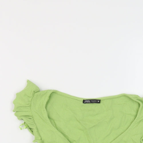 Zara Womens Green Cotton Cropped T-Shirt Size S V-Neck