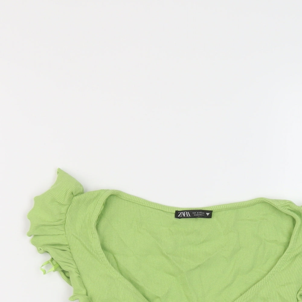 Zara Womens Green Cotton Cropped T-Shirt Size S V-Neck
