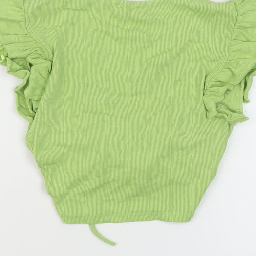 Zara Womens Green Cotton Cropped T-Shirt Size S V-Neck