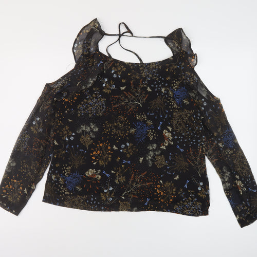 River Island Womens Black Floral Polyester Basic Blouse Size 14 Round Neck