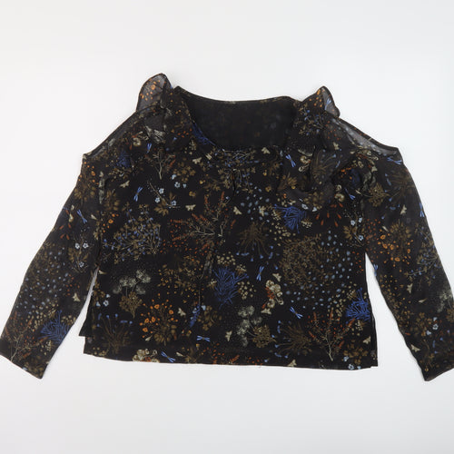 River Island Womens Black Floral Polyester Basic Blouse Size 14 Round Neck