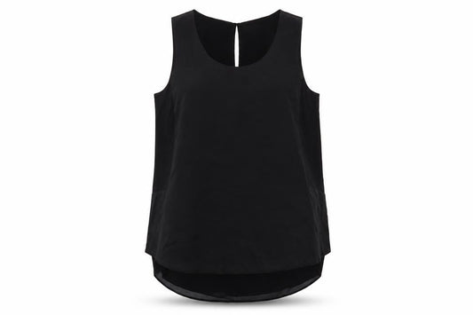 Front view of Arte women’s black polyester basic tank, size UK 14, round neck