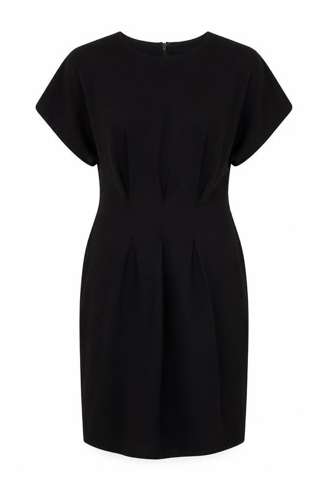 Front view of ASOS women’s black polyester sheath, size UK 12, round neck zip
