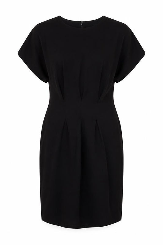 Front view of ASOS women’s black polyester sheath, size UK 12, round neck zip