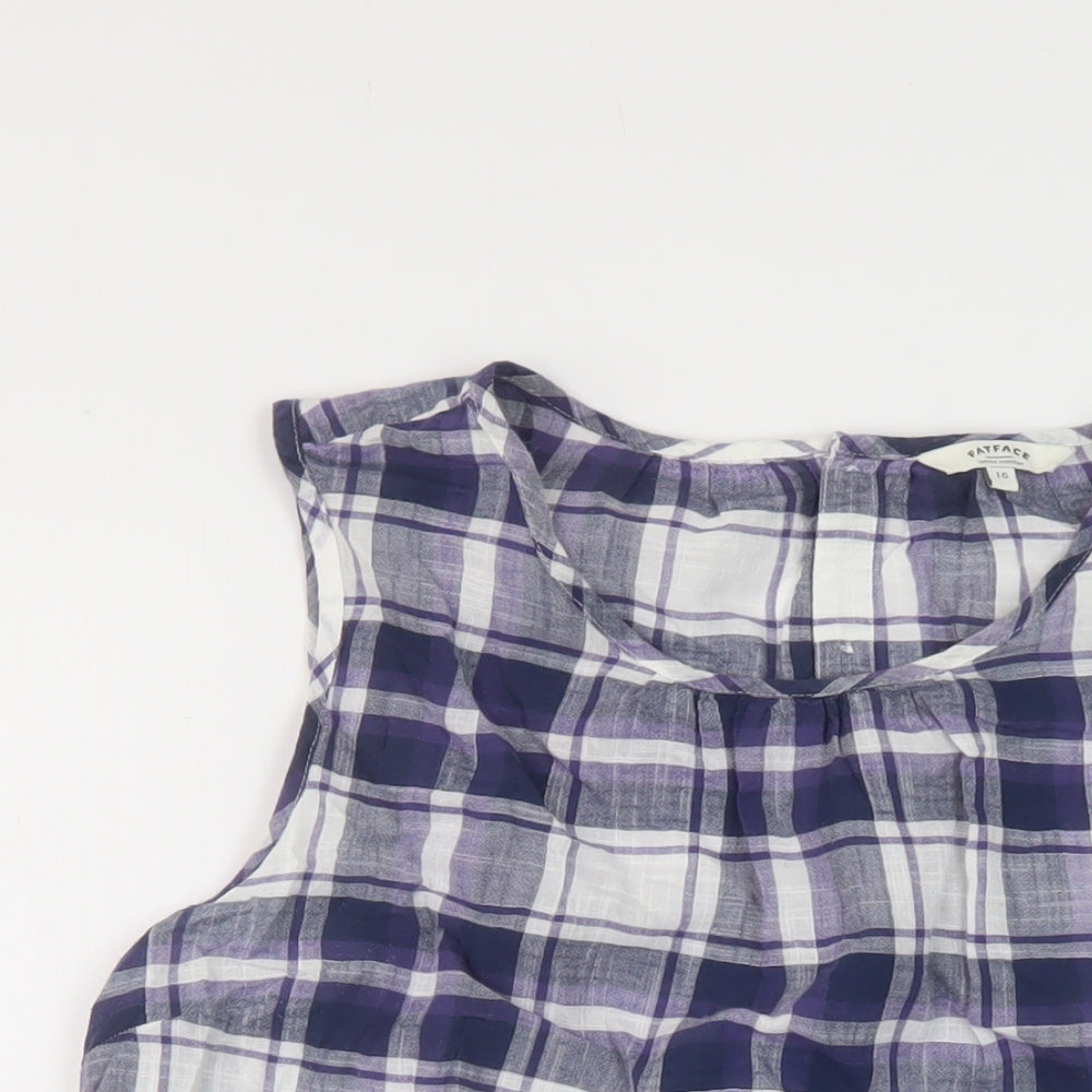 Fat Face Womens Blue Plaid Cotton Basic T-Shirt Size 16 Round Neck