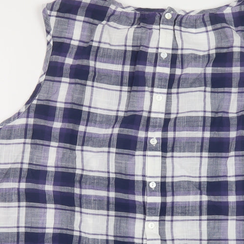 Fat Face Womens Blue Plaid Cotton Basic T-Shirt Size 16 Round Neck