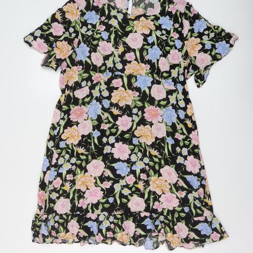 Dorothy Perkins Womens Black Floral Viscose A-Line Size 16 Round Neck Button