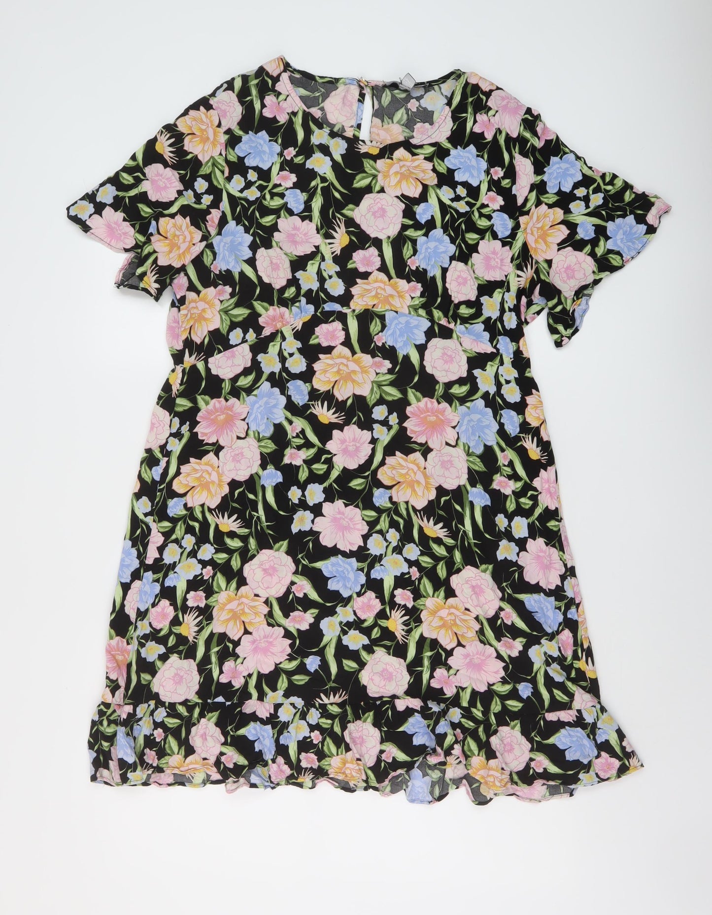 Dorothy Perkins Womens Black Floral Viscose A-Line Size 16 Round Neck Button