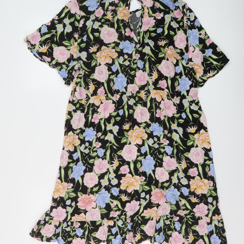 Dorothy Perkins Womens Black Floral Viscose A-Line Size 16 Round Neck Button