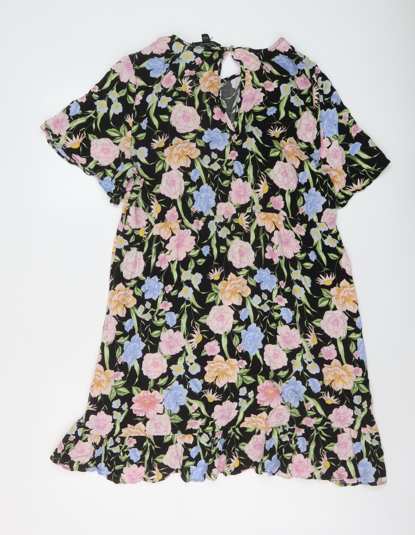 Dorothy Perkins Womens Black Floral Viscose A-Line Size 16 Round Neck Button