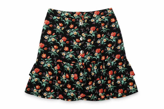 Front view of Oasis women’s multicoloured floral polyester a-line skirt, size UK 8, button - frill