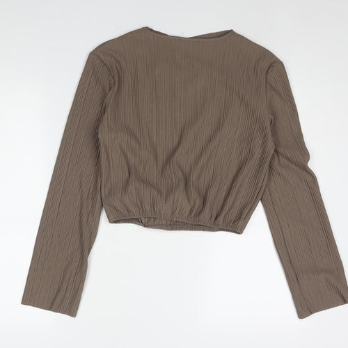 Zara Womens Brown Polyester Basic Blouse Size M V-Neck - Plisse Waterfall Neckline