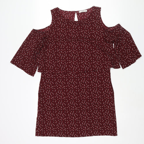 Mango Womens Red Geometric Polyester Shift Size M Round Neck Button - Cold Shoulder