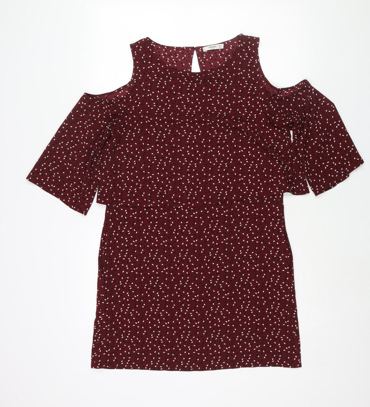 Mango Womens Red Geometric Polyester Shift Size M Round Neck Button - Cold Shoulder