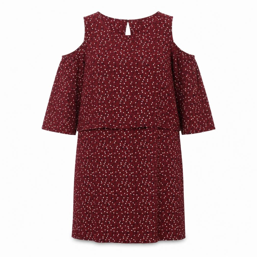 Front view of Mango women’s red geometric polyester shift, size M, round neck button - cold shoulder