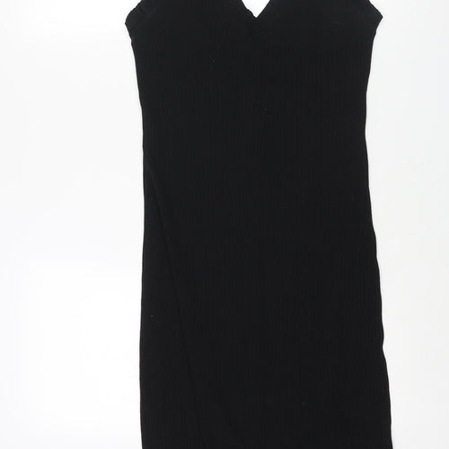 Zara Womens Black Polyester Shift Size L V-Neck Pullover - Frill Ribbed