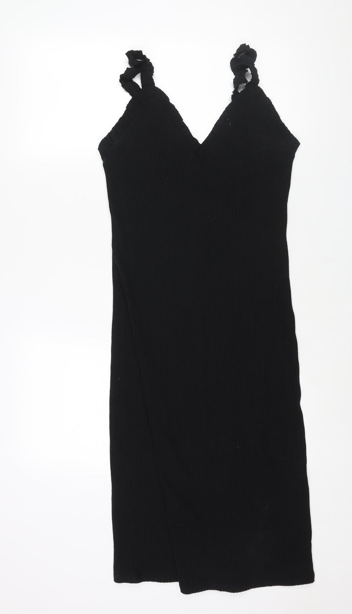 Zara Womens Black Polyester Shift Size L V-Neck Pullover - Frill Ribbed
