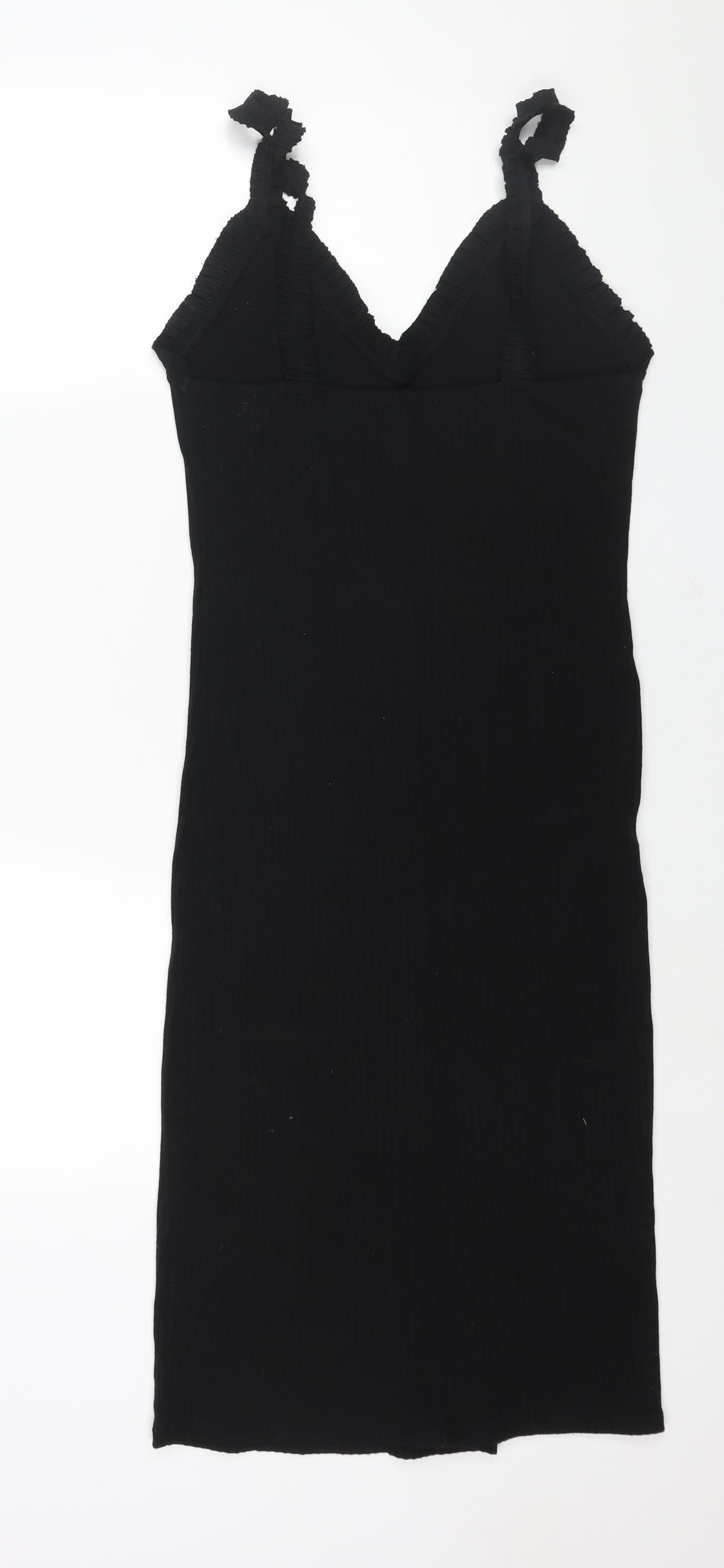 Zara Womens Black Polyester Shift Size L V-Neck Pullover - Frill Ribbed