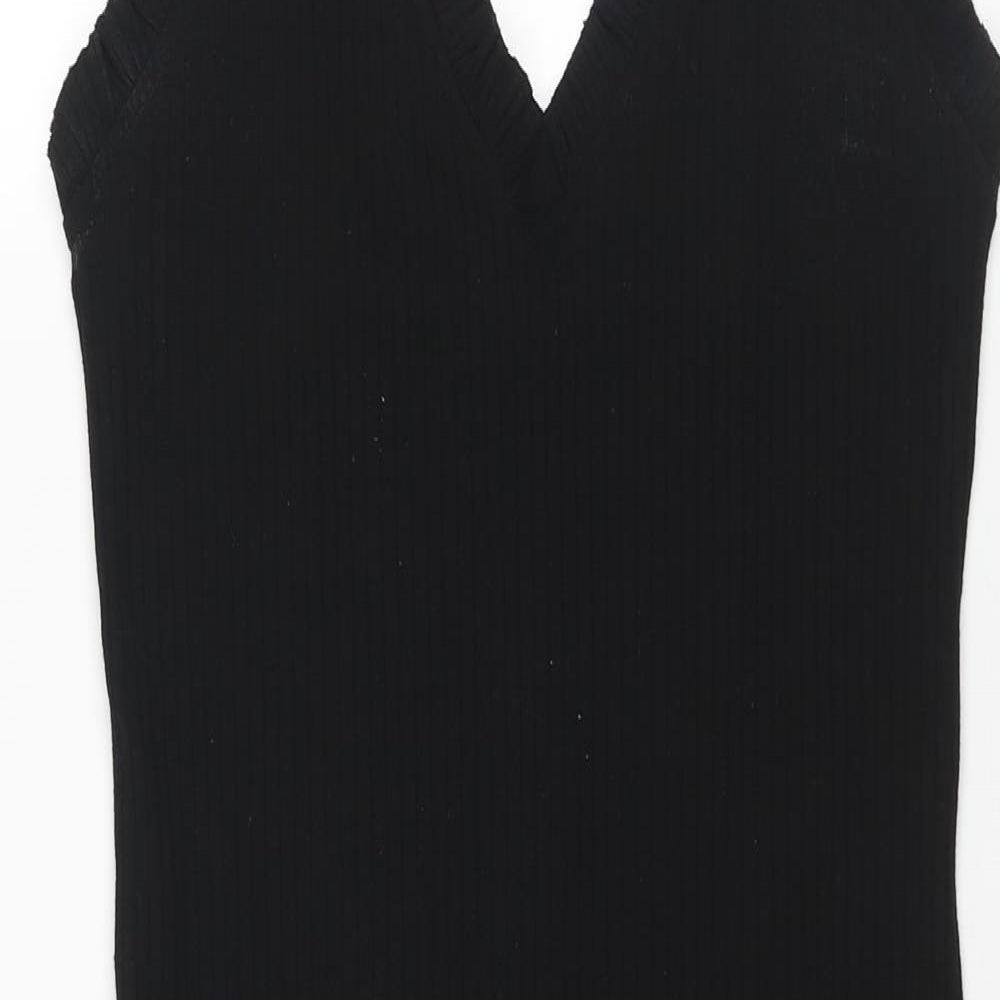 Zara Womens Black Polyester Shift Size L V-Neck Pullover - Frill Ribbed