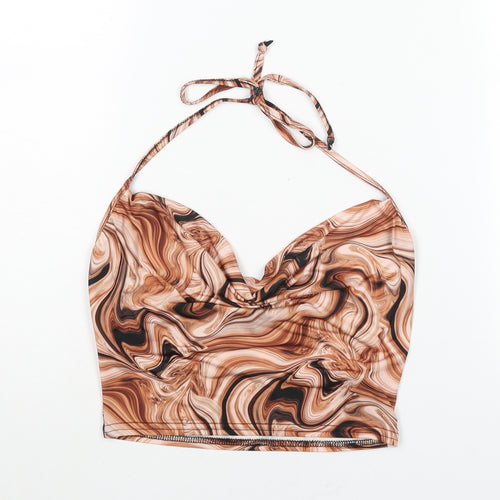 PRETTYLITTLETHING Womens Brown Geometric Polyester Cropped Blouse Size 8 Halter - Cowl Neck Marble Print
