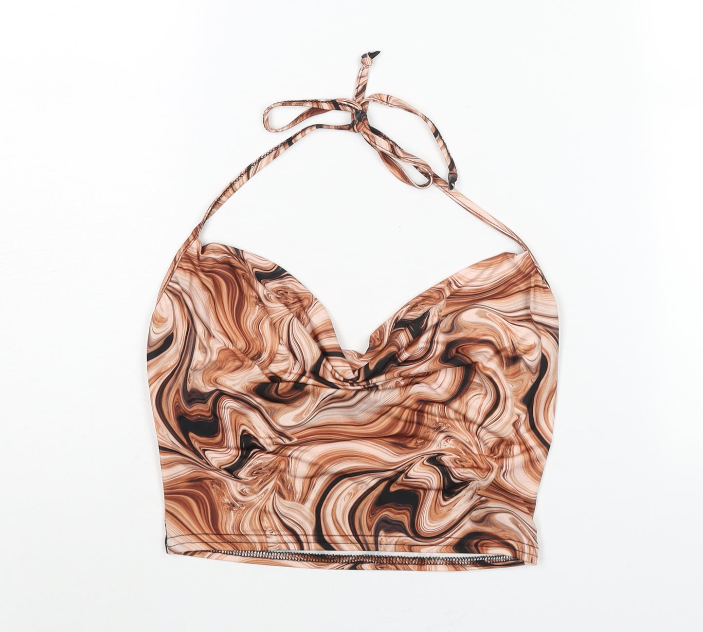 PRETTYLITTLETHING Womens Brown Geometric Polyester Cropped Blouse Size 8 Halter - Cowl Neck Marble Print