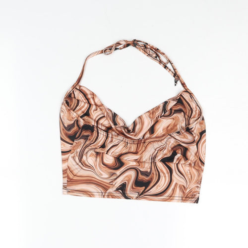 PRETTYLITTLETHING Womens Brown Geometric Polyester Cropped Blouse Size 8 Halter - Cowl Neck Marble Print