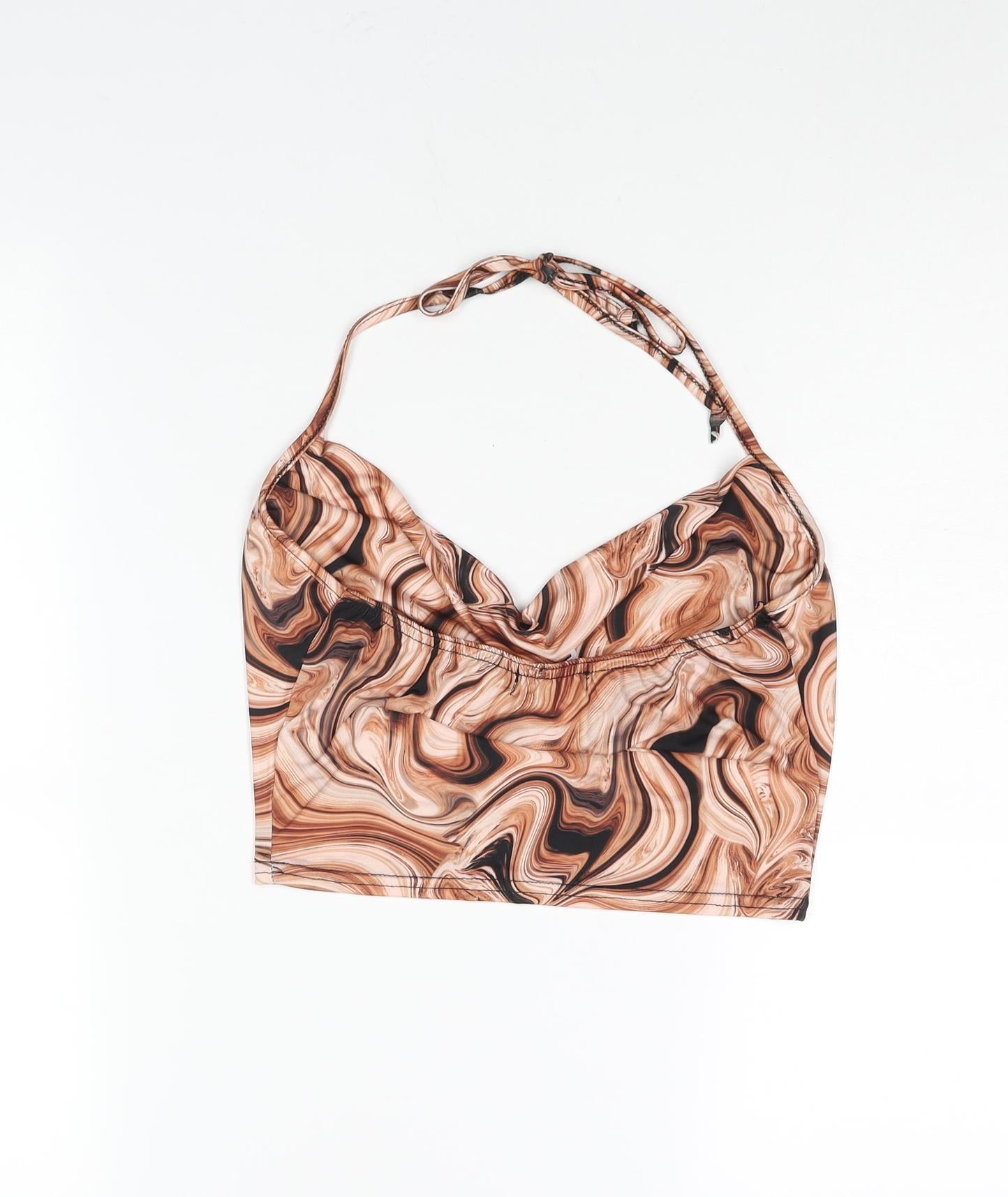 PRETTYLITTLETHING Womens Brown Geometric Polyester Cropped Blouse Size 8 Halter - Cowl Neck Marble Print