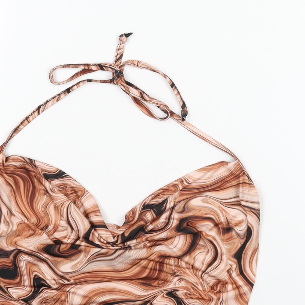 PRETTYLITTLETHING Womens Brown Geometric Polyester Cropped Blouse Size 8 Halter - Cowl Neck Marble Print