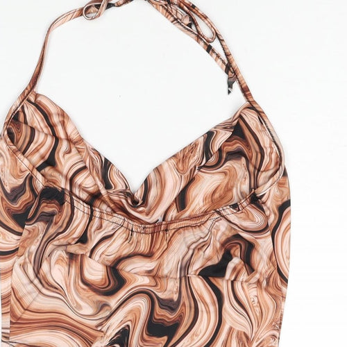 PRETTYLITTLETHING Womens Brown Geometric Polyester Cropped Blouse Size 8 Halter - Cowl Neck Marble Print