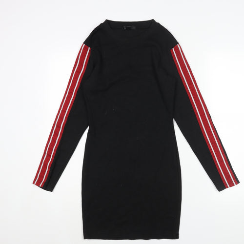 Missguided Womens Black Cotton Bodycon Size 10 Crew Neck Pullover - Taped Sleeves Ribbed
