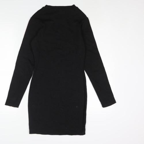 Missguided Womens Black Cotton Bodycon Size 10 Crew Neck Pullover - Taped Sleeves Ribbed