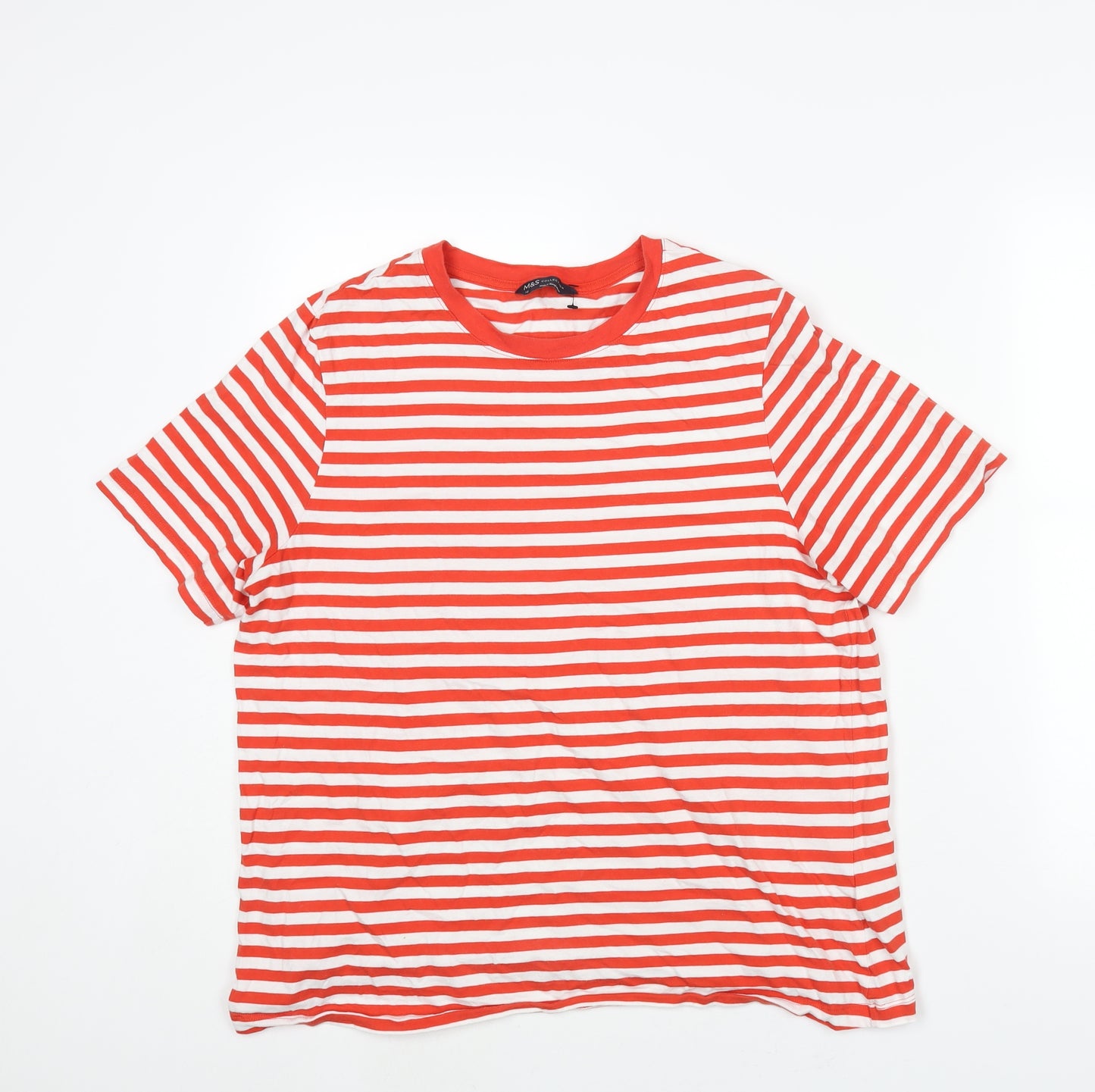 Marks and Spencer Womens Red Striped Cotton Basic T-Shirt Size 16 Round Neck