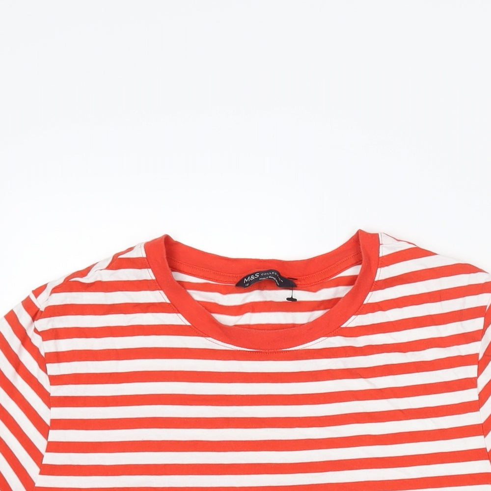 Marks and Spencer Womens Red Striped Cotton Basic T-Shirt Size 16 Round Neck