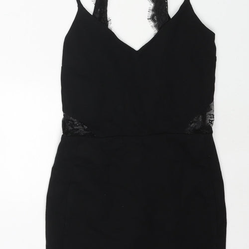 Miss Selfridge Womens Black Viscose Mini Size 10 V-Neck Zip - Lace Detail Backless