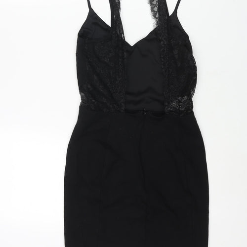 Miss Selfridge Womens Black Viscose Mini Size 10 V-Neck Zip - Lace Detail Backless