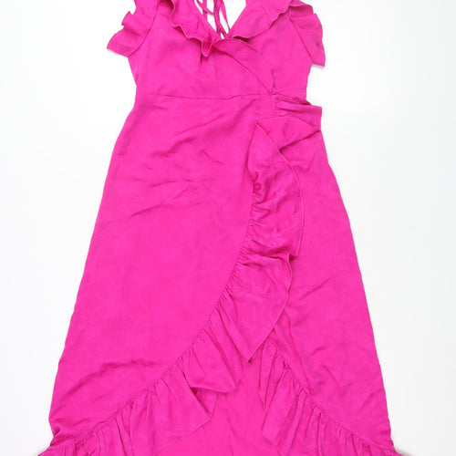 Topshop Womens Pink Polyester Wrap Dress Size 8 V-Neck Tie - Frill