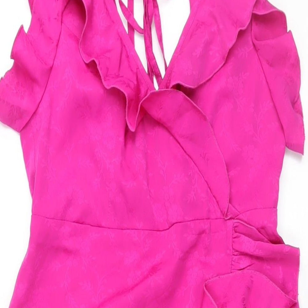 Topshop Womens Pink Polyester Wrap Dress Size 8 V-Neck Tie - Frill